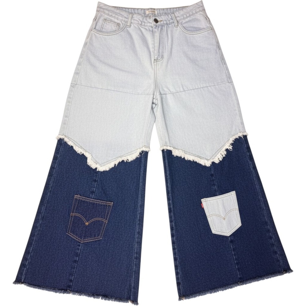 Ursime Womens Two Tone Patchwork Wide Leg Jeans Blue Frayed Hem XL